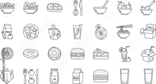 Food and drink icons set, fruit vegetable dessert beverage meal cutlery soup juice coffee chicken, black line art, vector illustration