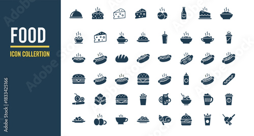 Food icons set, burger hotdog cheese soup fries dessert drink minimal style, dark blue theme, flat vector illustration