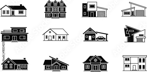 House icons set, residential architecture styles, modern traditional buildings, black and white, flat design, vector graphics, flat vector illustration