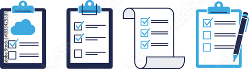 Checklist illustrations set, clipboard scroll task list productivity planning organization pen cloud icons, blue theme, flat design, vector art