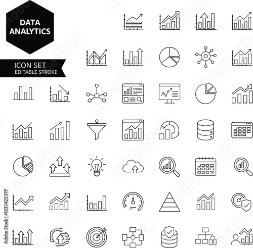 Data analytics icons set, charts graphs dashboards filters databases cloud magnifier pyramid speedometer, editable stroke, flat vector illustration