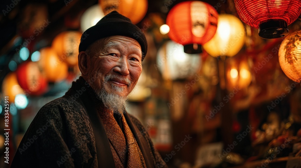 Obraz premium Elderly man smiling warmly with beard wearing warm hat glowing festive lanterns background.