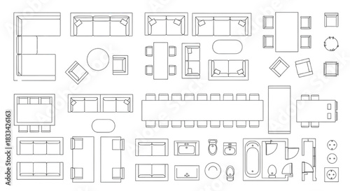 Knolling layout of architectural furniture symbols. Top view vector set of sofas and tables for floor plans.