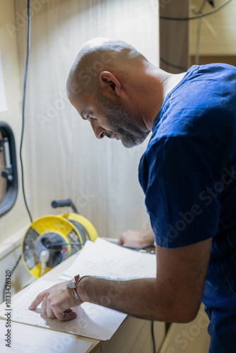 A young craftsman restores a caravan in a hangar.
