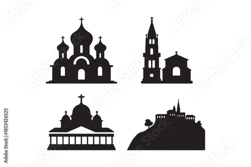 Silhouettes of four distinct religious and architectural structures