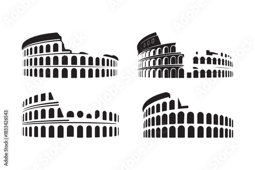 Four stylized silhouettes of the colosseum in rome