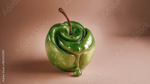 Glossy Green Apple Twisted Into a Floral Shape With Melting Drip at the Base