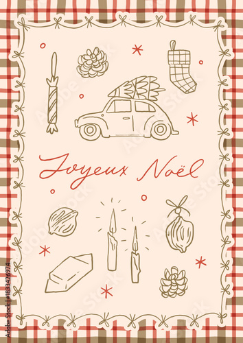 Christmas card with cozy cottagecore decorative elements. Retro hand drawn charming doodle cottage core aesthetic poster. Vintage Christmas ornaments, decor on a plaid checked tartan background