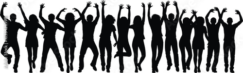 Jumping silhouettes, dancing figures, expressive poses, celebration theme