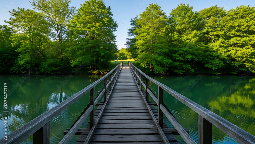 Obraz premium A picturesque wooden footbridge offers a straight path into a dense, verdant forest across a calm river