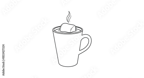 Simple outline drawing of a steaming mug of hot chocolate with a marshmallow on top