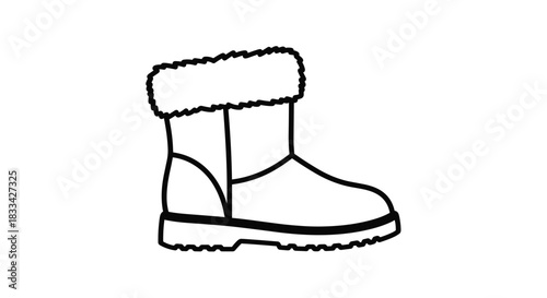 Simple black and white line drawing of a cozy winter boot with fur trim