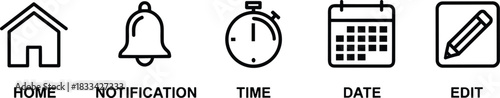 UI icons set, home button, notification alert, time tracker, calendar date, edit tool, flat design, flat vector illustration