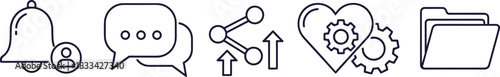 UI icons set, notification messaging sharing health settings folder management, digital interface symbols, flat design, flat vector illustration