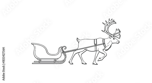 Whimsical outline drawing of santa s reindeer pulling a festive sleigh on a white background