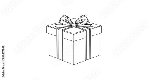 Simple isometric line drawing of a gift box tied with a bow