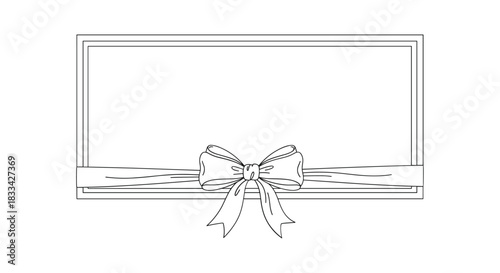 Hand drawn sketch of a blank rectangle frame with a decorative ribbon and bow