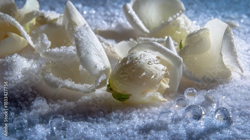 White Rose Petals Covered With Frost and Dew Drops Lying on a Snow-Like Surface