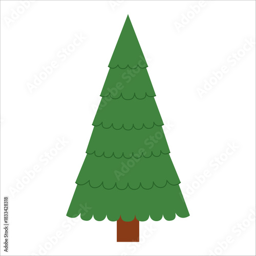 Simple stylized evergreen tree with layered dark green branches. Minimal and clean design for Christmas, winter, forest, kids and nature designs. Flat vector. Hand drawn. Isolated background.