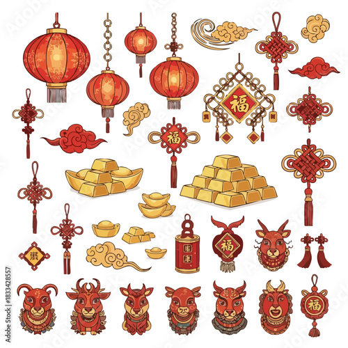 A vibrant collection of Chinese New Year icon pack elements, featuring red lanterns, golden coins, and dragon heads on a white background. Perfect for celebrations, cultural festivals, and