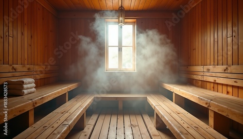 Sauna interior with steam and wooden benches