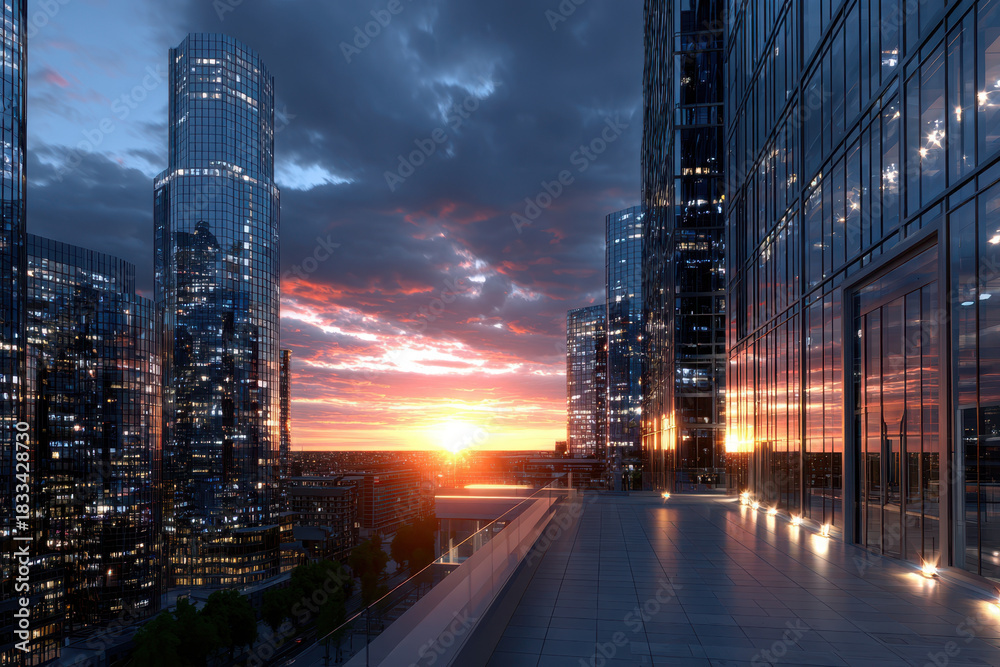 Obraz premium Modern Cityscape at Sunset with Glass Skyscrapers