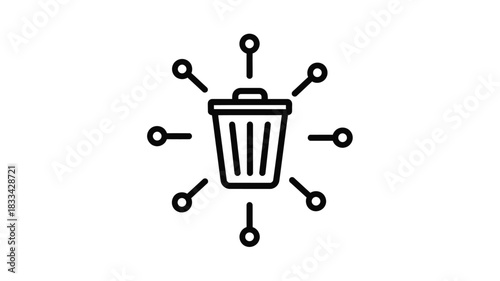 A simple black and white line drawing depicts a trash can with flies buzzing around it