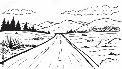 Very beautiful long scenic road stretching toward the Great Smoky Mountains, framed by lush trees and distant peaks for a peaceful, open, semi-realistic landscape.