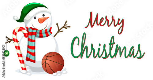 Cheerful snowman holding a basketball beside elegant “Merry Christmas” lettering. A fun winter sports-themed illustration ideal for cards, social posts, and seasonal merchandising.