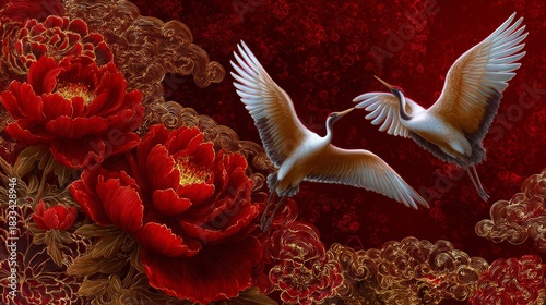 Two Elegant Cranes Flying Above Lush Red Peonies and Golden Ornamental Clouds on a Rich Crimson Background