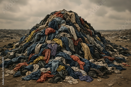 Large pile of discarded clothing symbolizing fast fashion waste environmental pollution and global textile sustainability issues