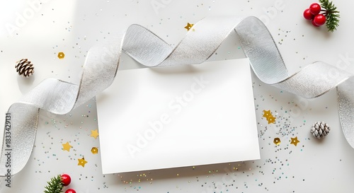 Blank white card for holiday greetings or invitation mock-up, surrounded by festive silver ribbon, glitter, pinecones, and red berries