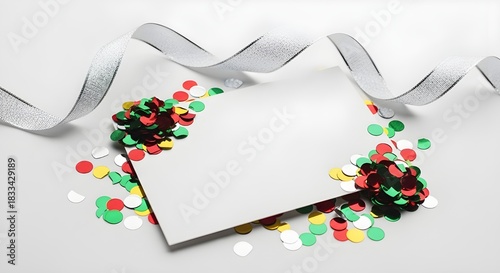 Blank white greeting card surrounded by vibrant red, green, yellow, and silver confetti with a glittering silver ribbon on a clean background