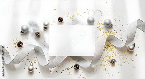 Elegant christmas card mock-up with festive silver baubles, shiny ribbon, and golden star glitter on a clean white background. holiday spirit.