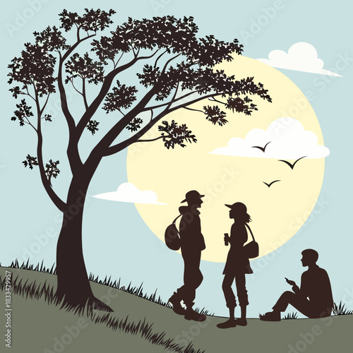 “Silhouette of a group chatting near a tree on a sunny day.”