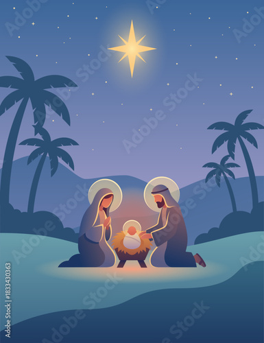 Nativity Scene with Holy Family, Mary, Joseph, and Baby Jesus. Flat illustration.