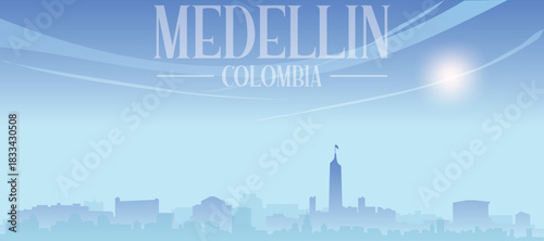 Blue panoramic poster of the city skyline with misty background buildings and clouds of MEDELLIN, COLOMBIA