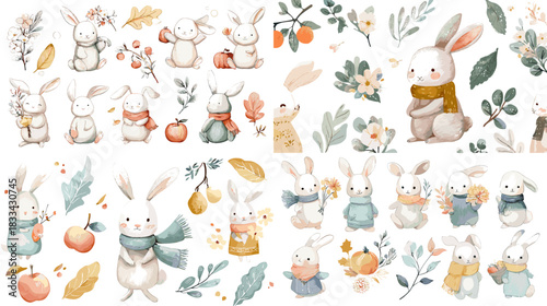Cute watercolor bunnies with scarves surrounded by autumn leaves, fruits, flowers, and forest elements. Perfect for fall designs, nursery themes, greeting cards, and seasonal illustrations.