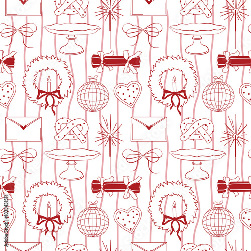 Hand-drawn Christmas seamless pattern with stripes and bows and gift and sparkle, disco ball and cake stand