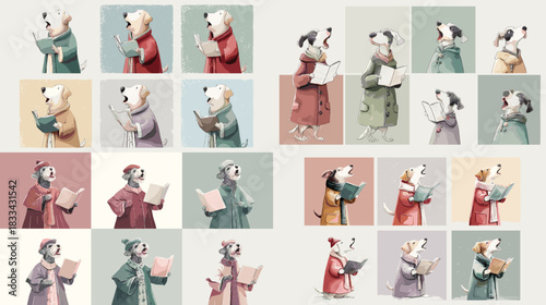 Whimsical watercolor dogs dressed in robes while singing and reading books in soft pastel settings. Ideal for Christmas themes, storytelling art, nursery decor, and character design projects.