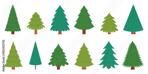 Set of twelve stylized evergreen trees in different shapes and green tones. Simple nature illustration for scrapbooking, Christmas, winter, forest, seasonal, kids designs. Flat vector. Hand drawn.