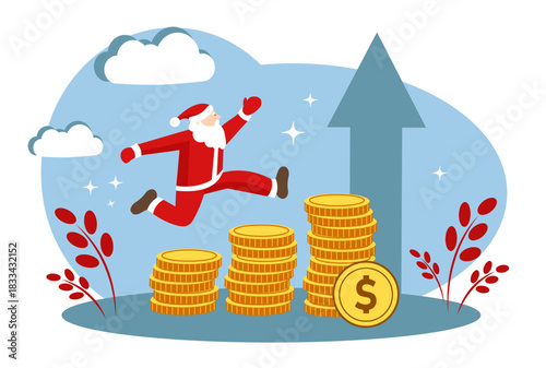 Santa Claus runs over the coins. The concept of increasing income, fulfilling desires, business development and financial success