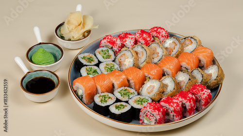 Sushi rolls on tray top view