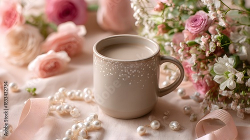 Enjoying a moment of self-care with coffee and fresh flowers in soft morning light