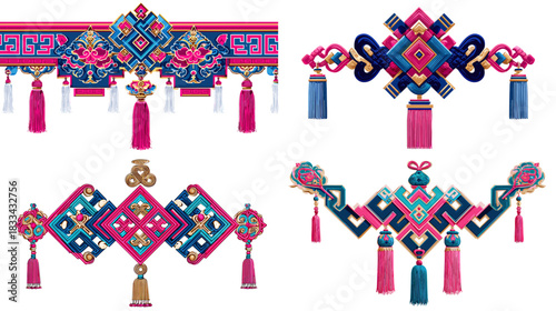 Colorful traditional decorative knot ornaments with tassels and intricate details. Ideal for cultural themes, festival decor, textile design, celebration graphics, and elegant ornamental artwork.