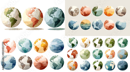Beautiful watercolor globes in various colors depicting continents and oceans. Perfect for travel themes, education design, geography projects, environmental artwork, and global concepts.