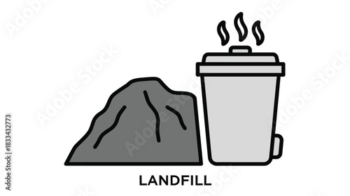 A simple illustration depicts a hot drink next to a rocky landfill area