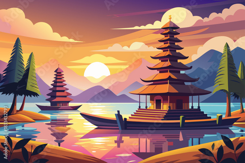 vector of Pura Ulon Danu Bratan, a Hindu temple with a boat in view of Bratan Lake at sunrise in Bali, Indonesia.