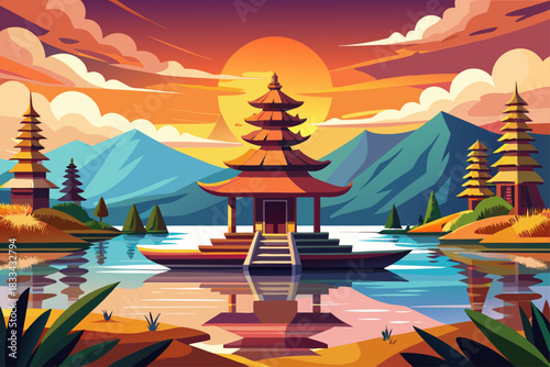vector of Pura Ulon Danu Bratan, a Hindu temple with a boat in view of Bratan Lake at sunrise in Bali, Indonesia.
