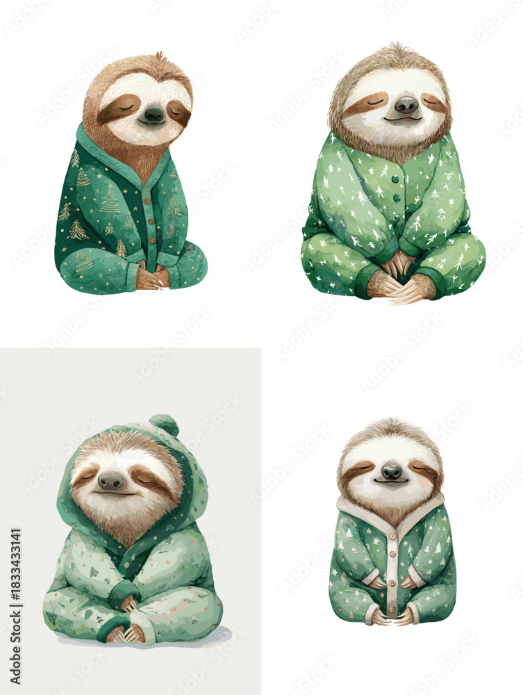 Fototapeta premium Adorable watercolor sloths wearing green pajamas in soft relaxed poses. Perfect for children themes, cozy designs, nursery decor, greeting cards, and cute character illustrations.